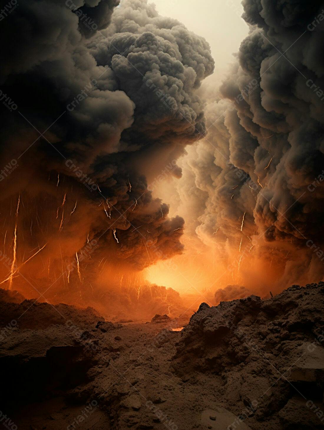 Paisagem vulcânica com raios e nuvens escuras