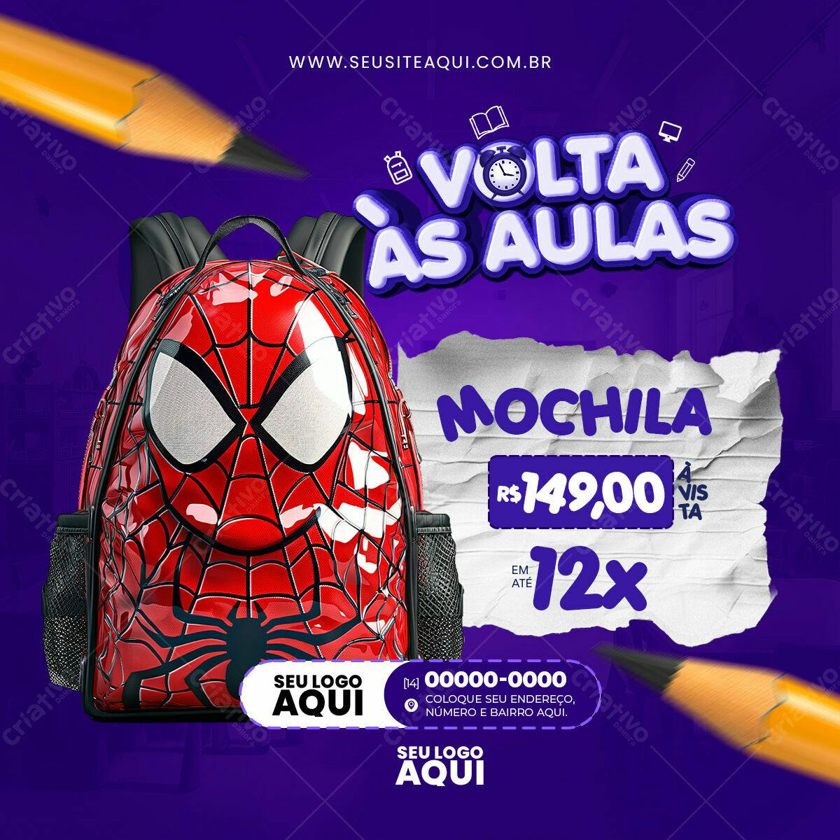 Flyer Volta às Aulas com Mochila Homem-Aranha PSD Editável