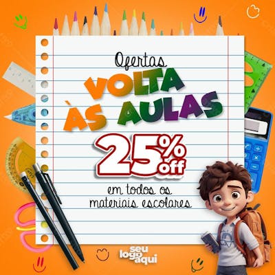 Volta Às Aulas , flyer, promoção, menino feliz, mochila, material escolar, PSD, arte editável
