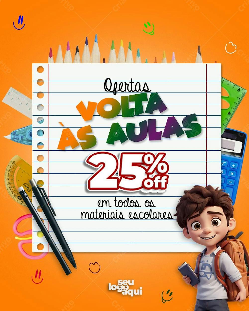 Volta Às Aulas , flyer, promoção, menino feliz, mochila, material escolar, PSD, arte editável
