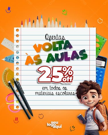 Volta às aulas , flyer, promoção, menino feliz, mochila, material escolar, psd, arte editável