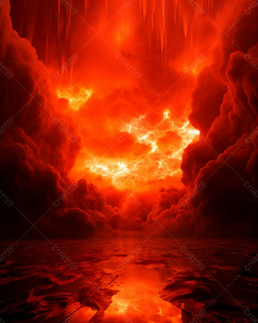 Paisagem infernal de fogo e gelo