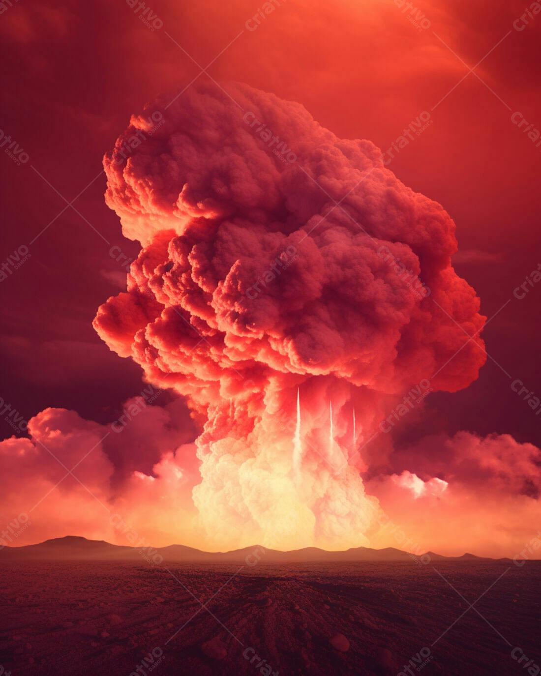 Explosão vulcânica gigante em tons vermelhos