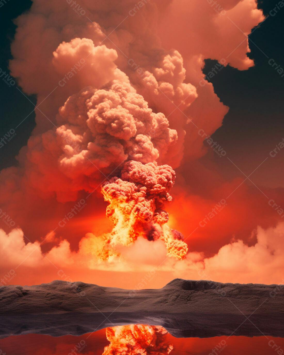 Explosão vulcânica com céu alaranjado