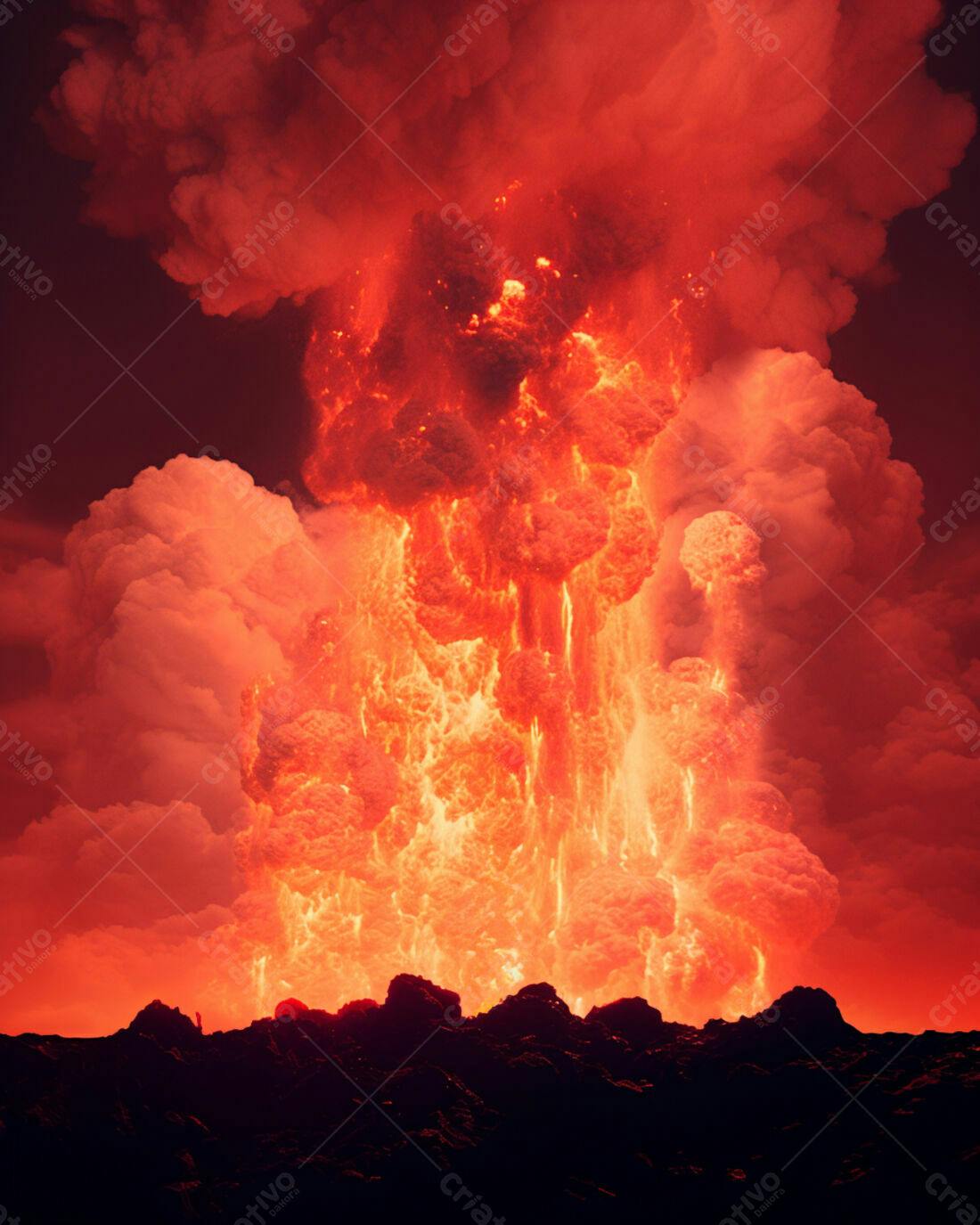 Erupção vulcânica intensa tons avermelhados