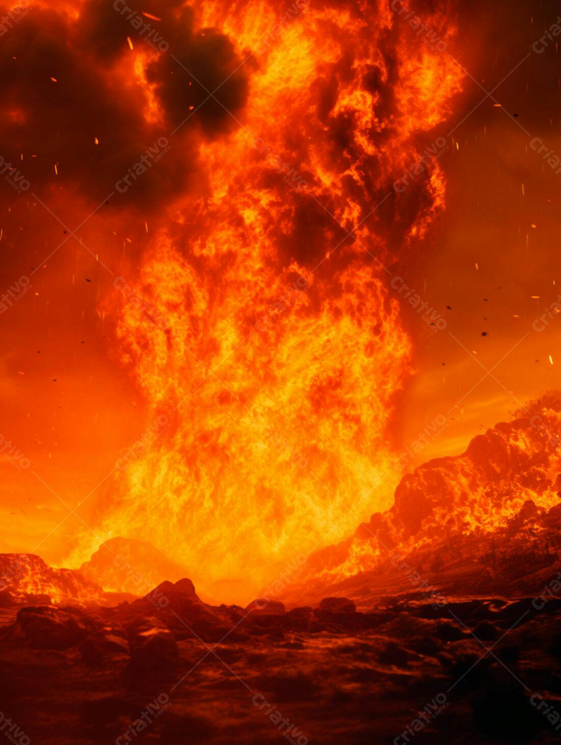 Erupção vulcânica intensa tons laranja e vermelho