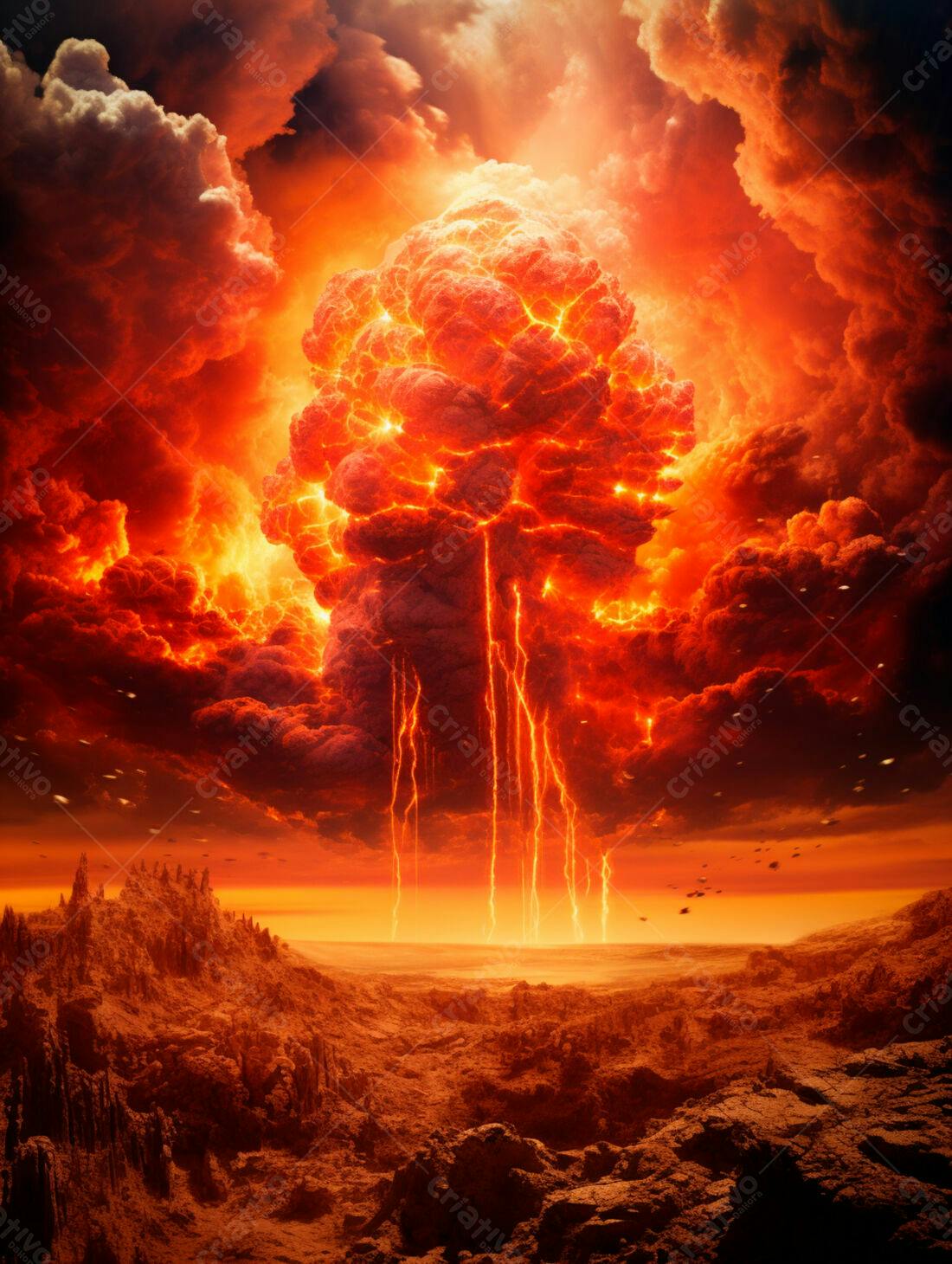 Explosão nuclear apocalíptica paisagem desoladora