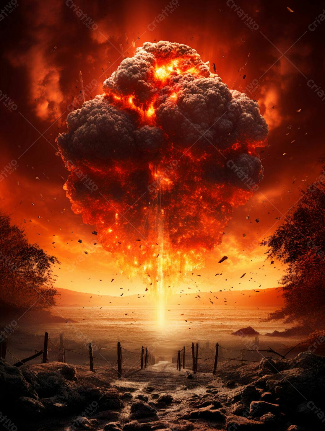 Explosão nuclear apocalíptica paisagem desolada