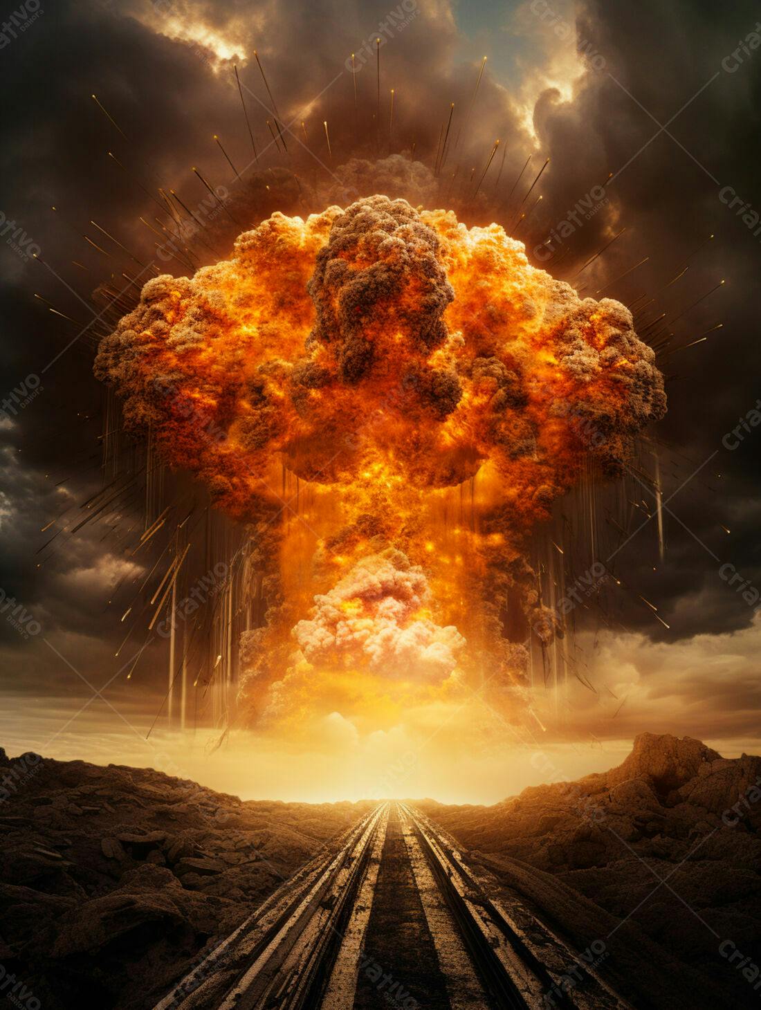 Explosão nuclear devastadoramente laranja