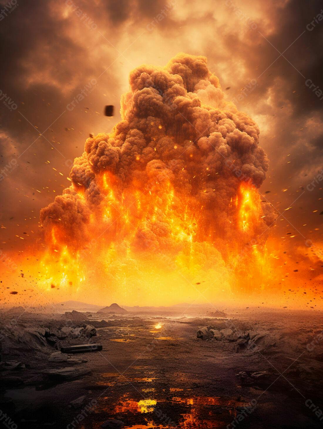 Explosão apocalíptica em paisagem desolada