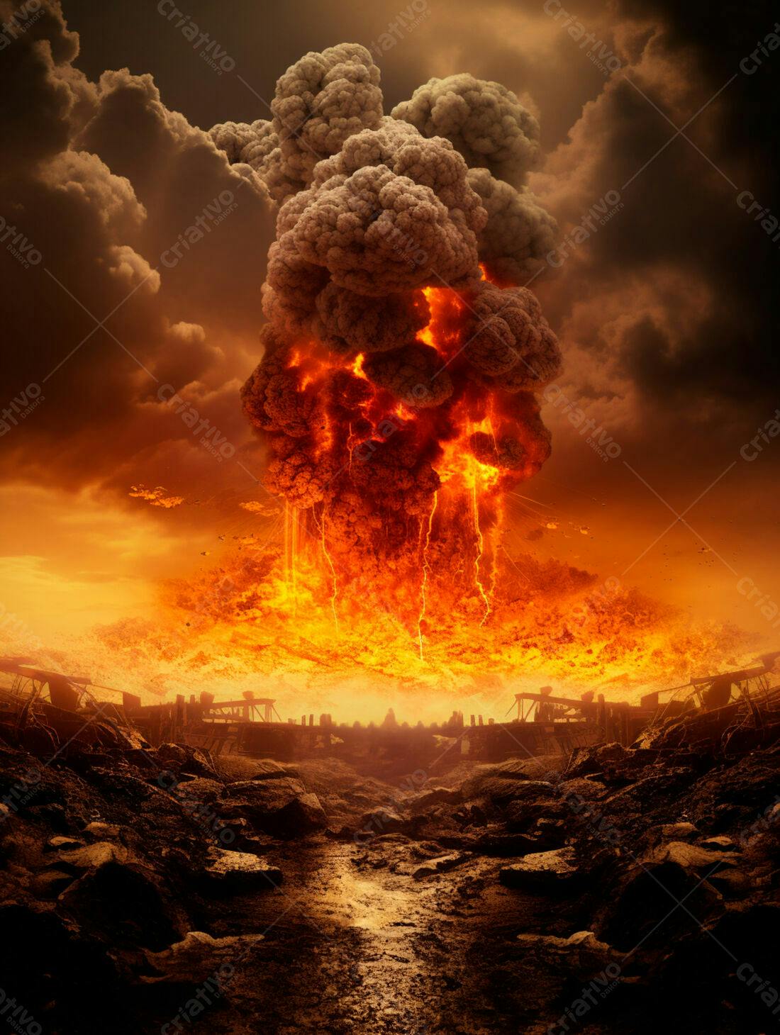 Explosão nuclear devastando cidade