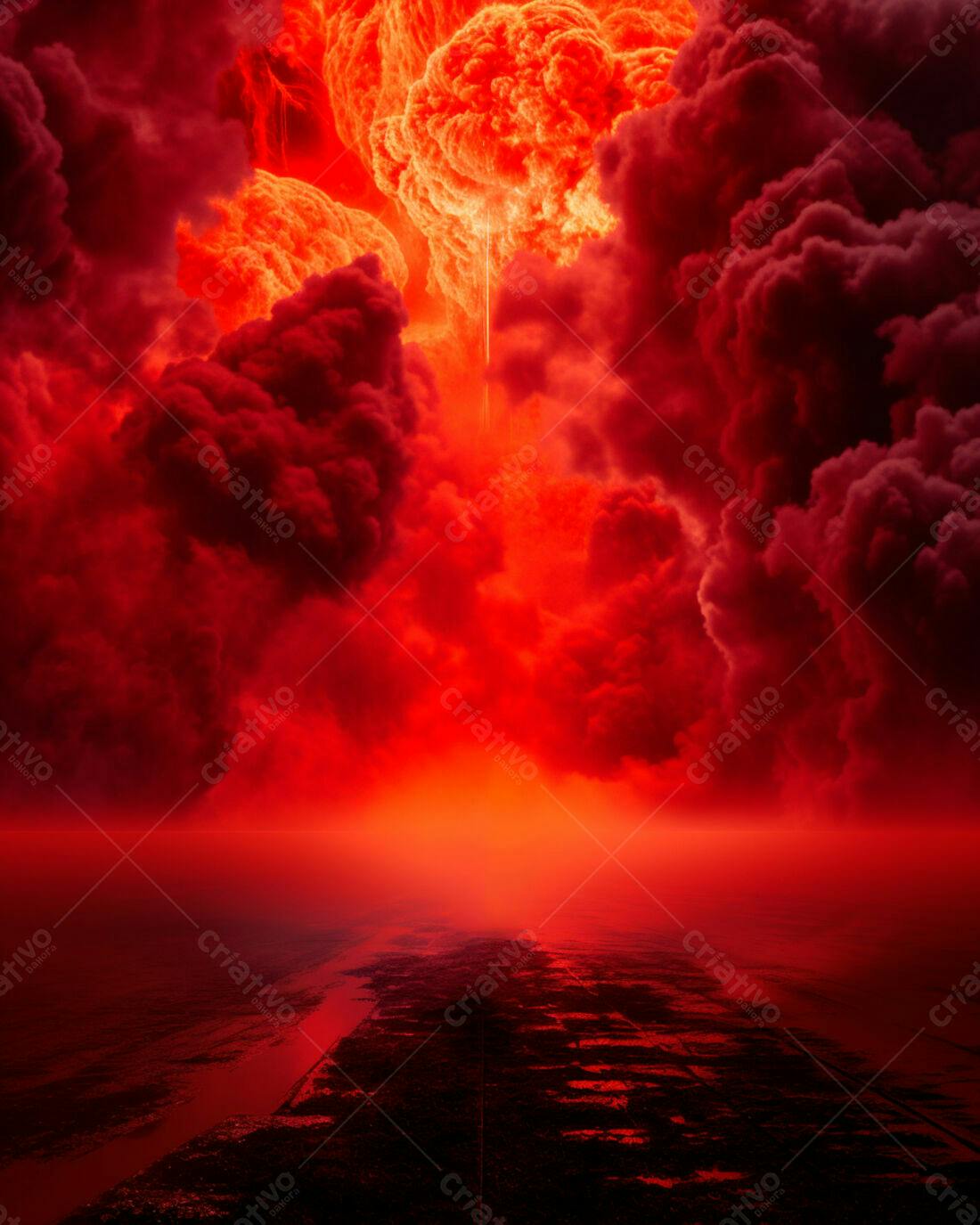 Explosão nuclear céu vermelho paisagem apocalíptica