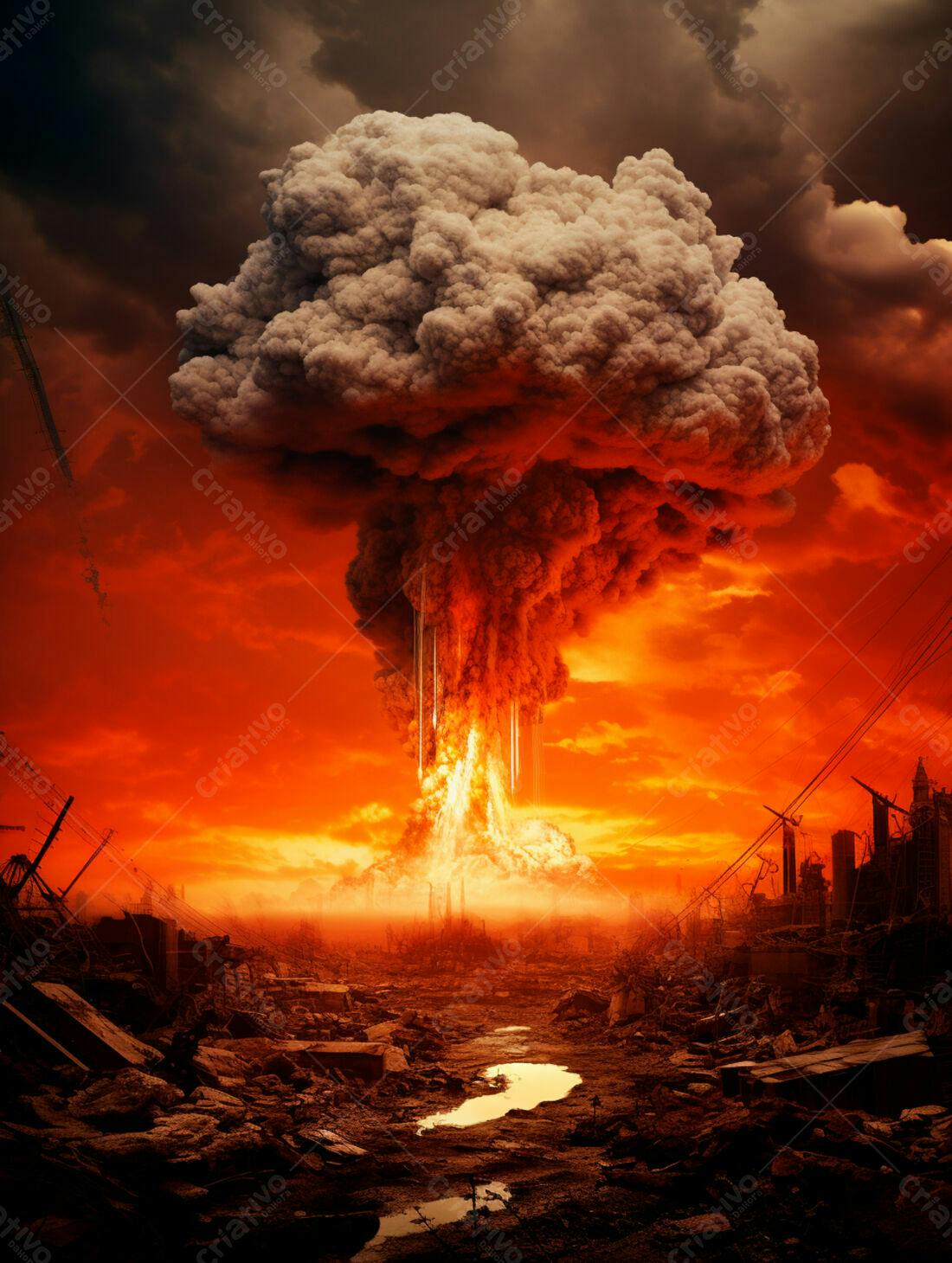 Explosão nuclear devastando cidade
