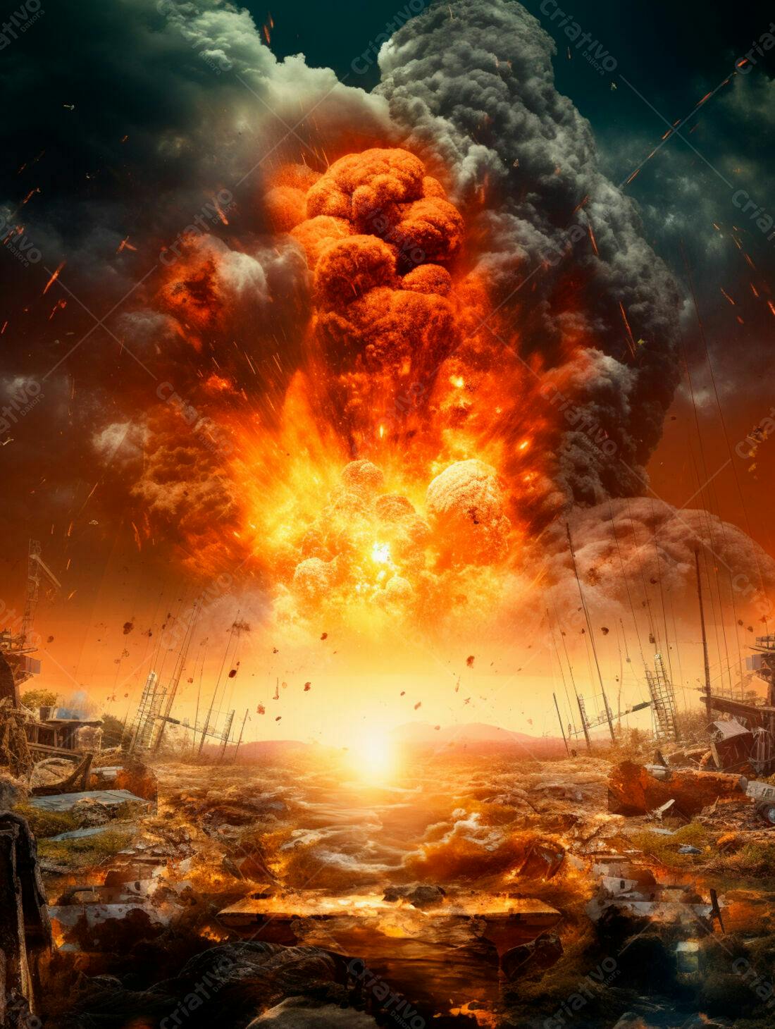Explosão apocalíptica em cenário destruído