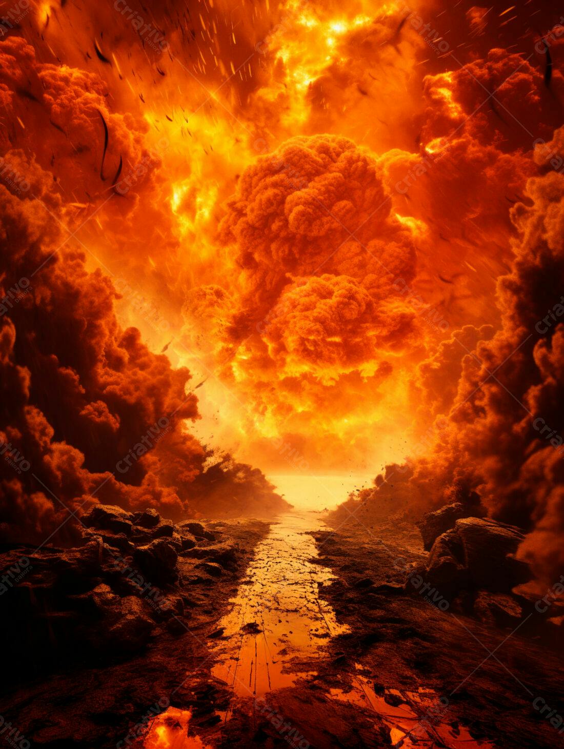 Rio de lava sob céu infernal