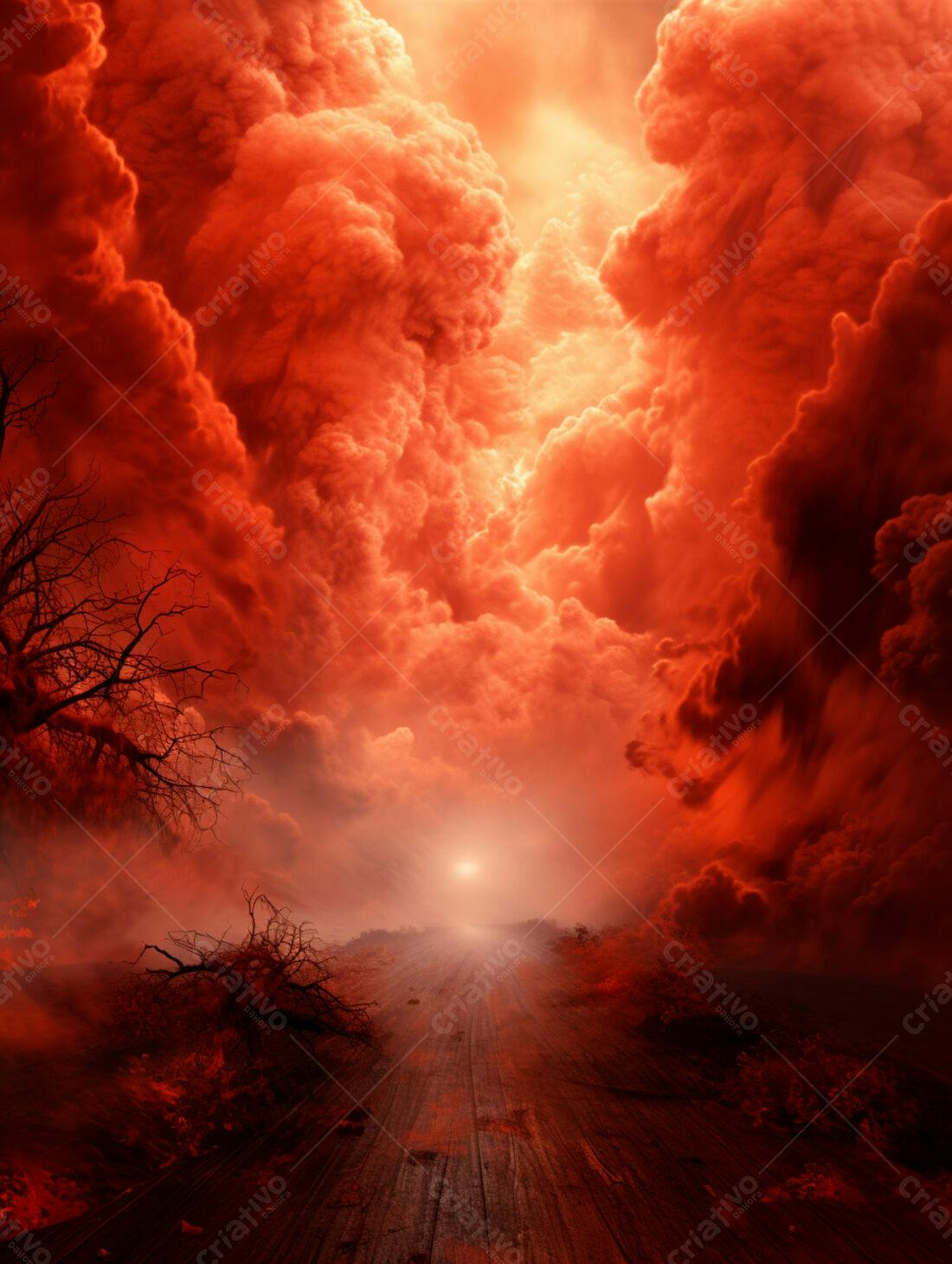 Estrada desolada sob céu vermelho apocalíptico