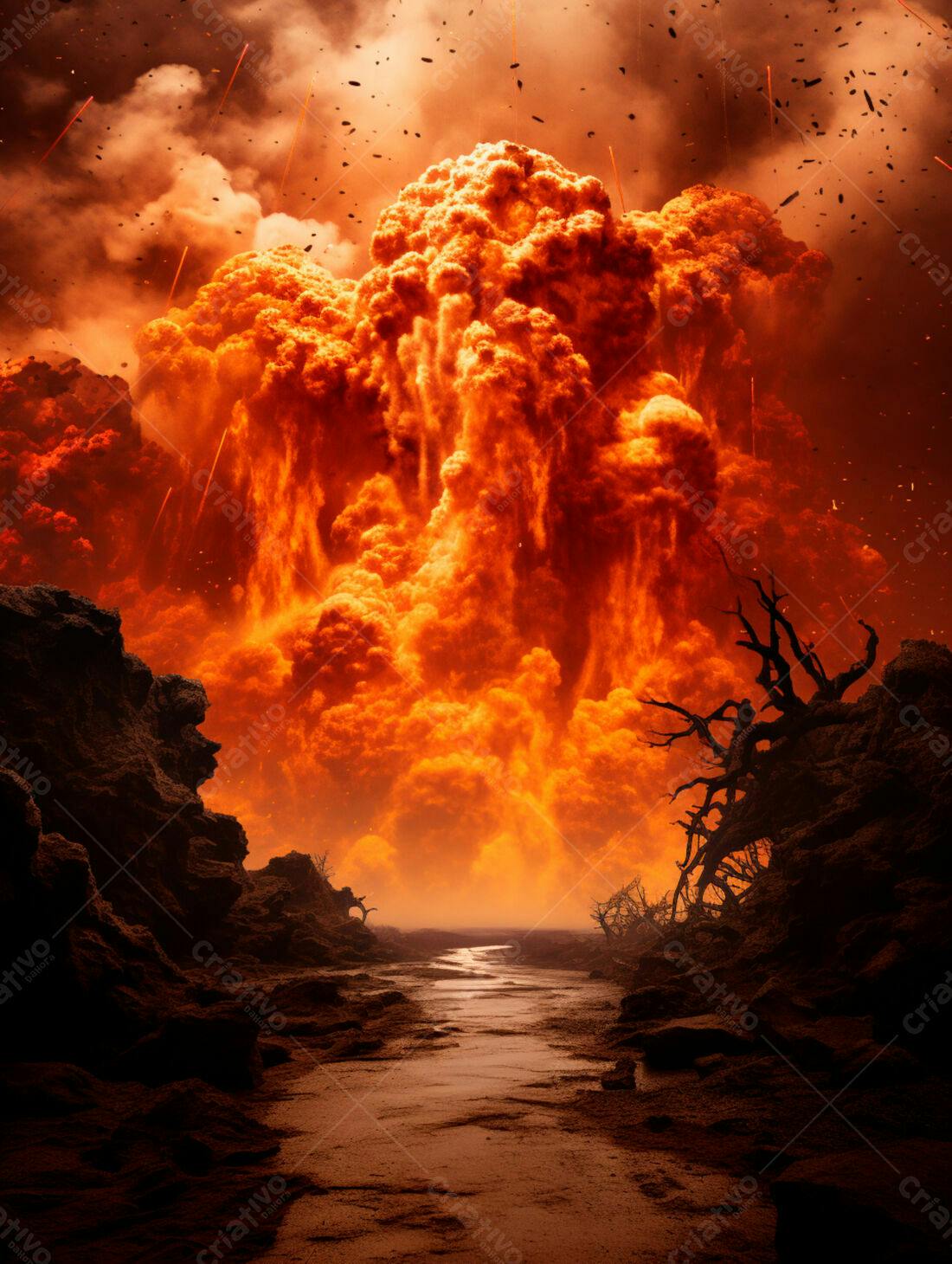 Erupção vulcânica apocalíptica paisagem desolada