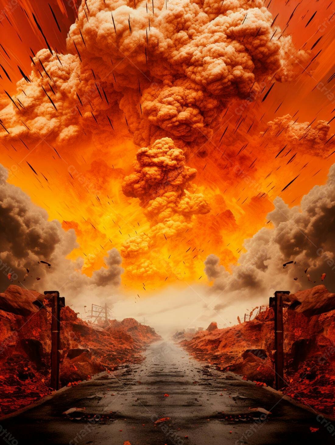 Explosão nuclear devastando paisagem urbana