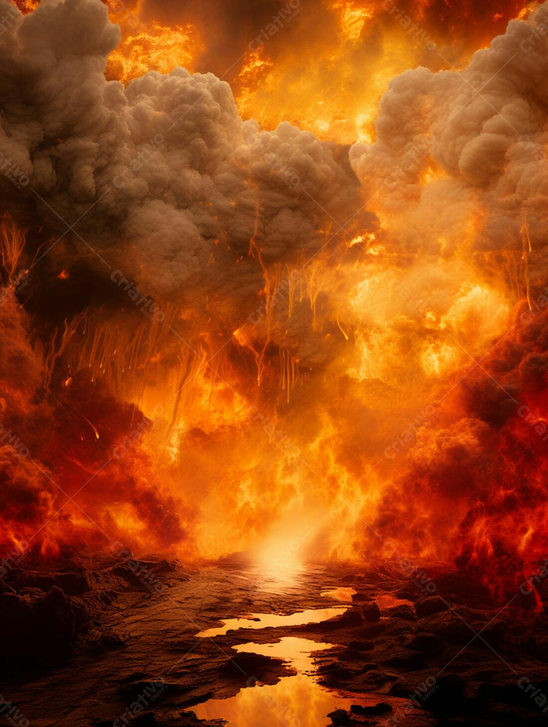 Paisagem infernal com fogo e nuvens escuras