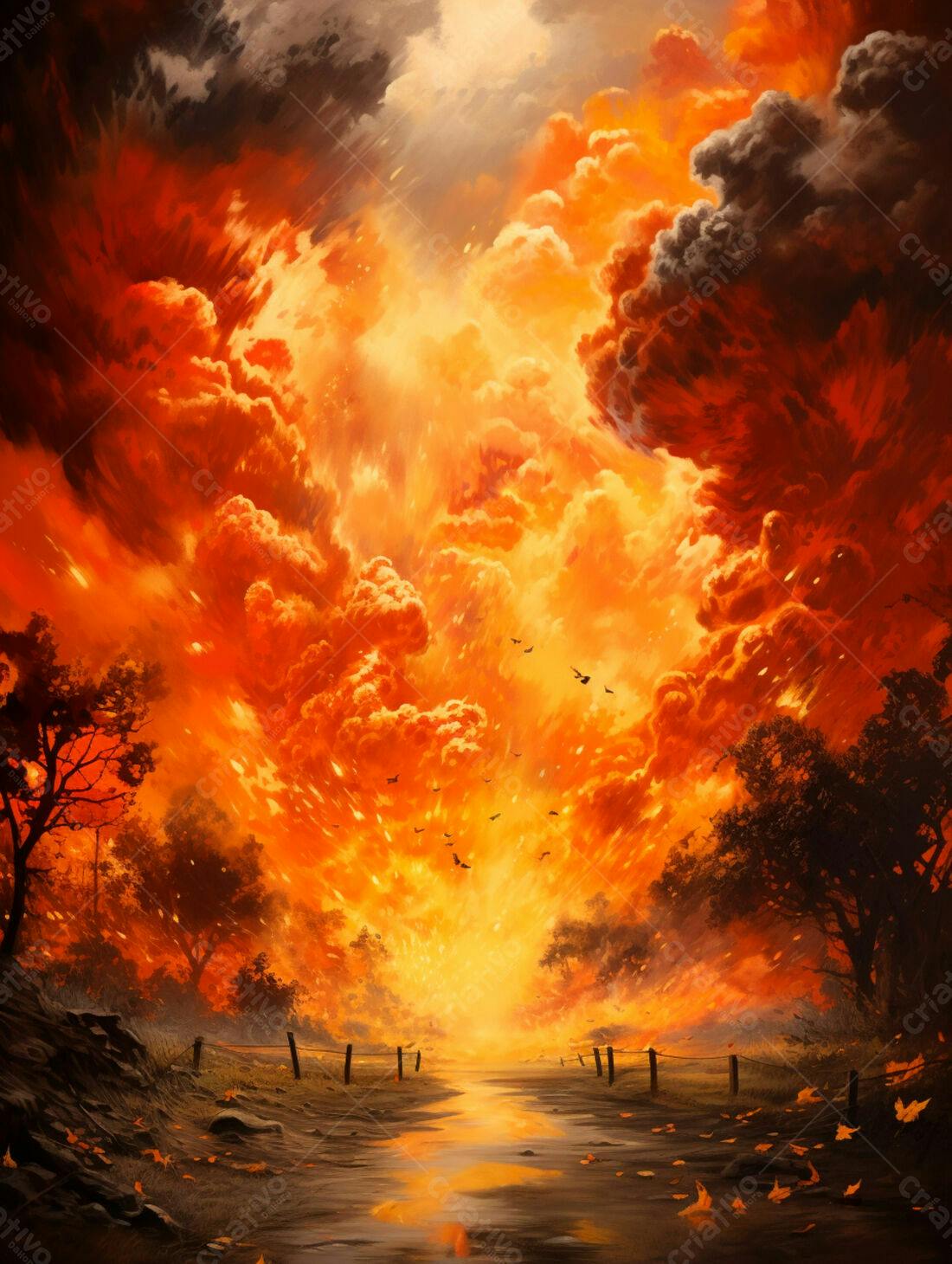 Paisagem infernal com tons de laranja e vermelho