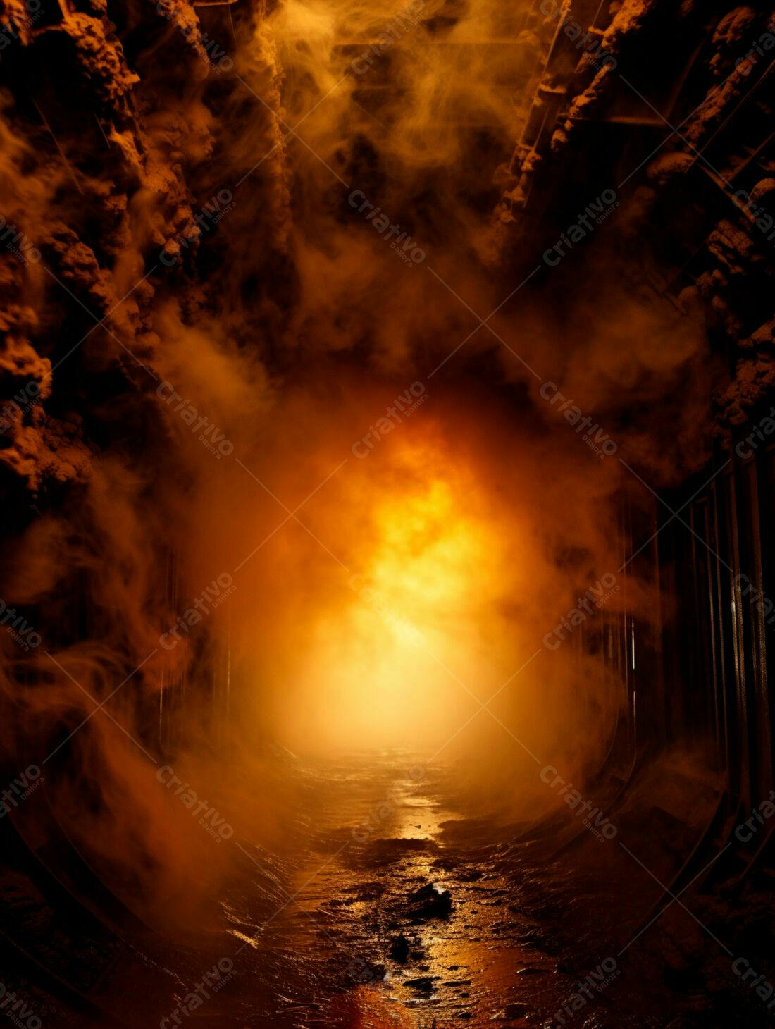 Túnel misterioso com névoa alaranjada