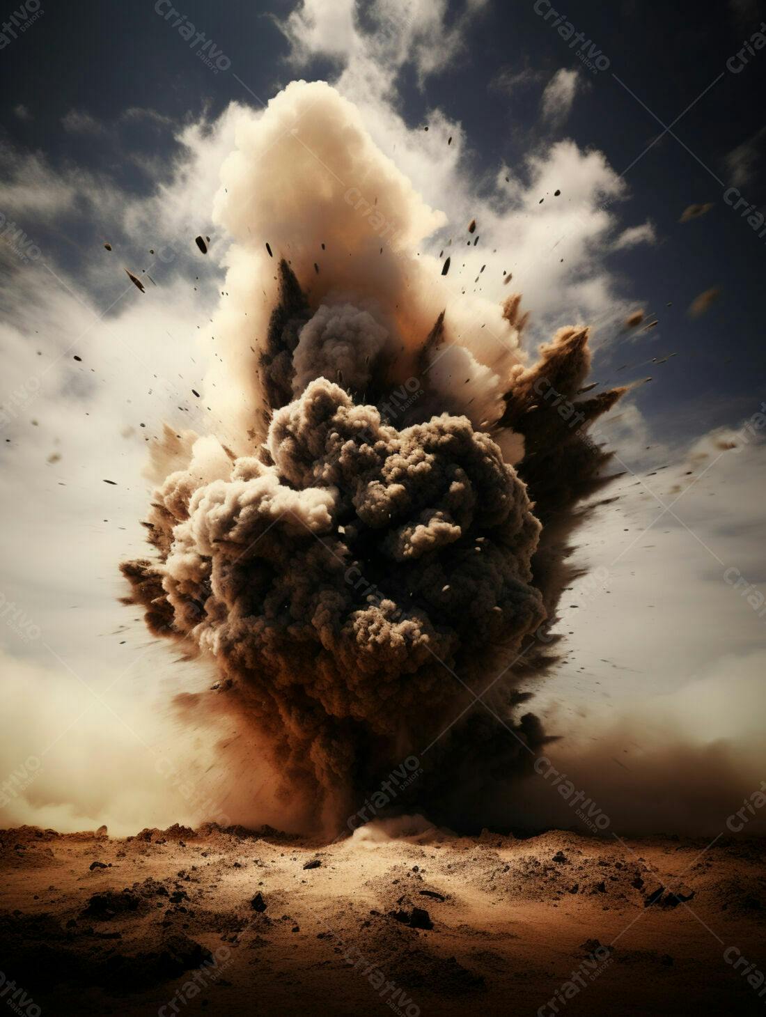 Explosão gigante em terreno árido