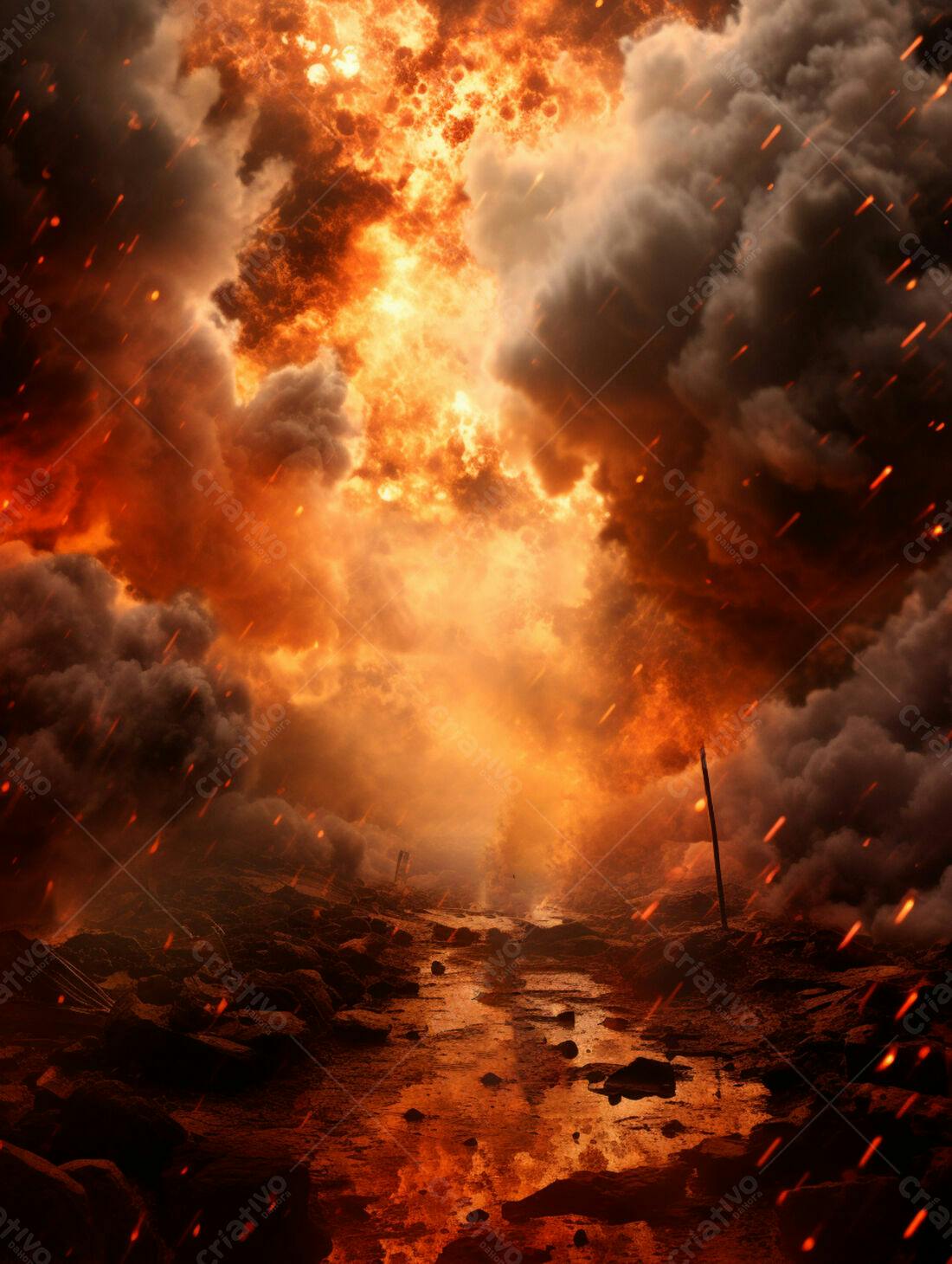 Paisagem infernal fogo e fumaça