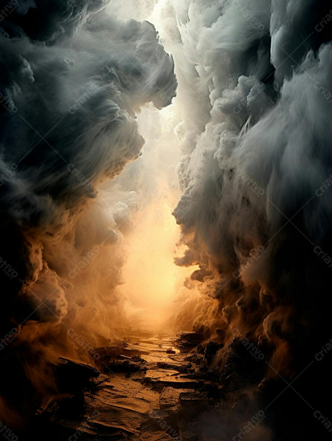Caminho entre Nuvens Escuras e Luz Dourada