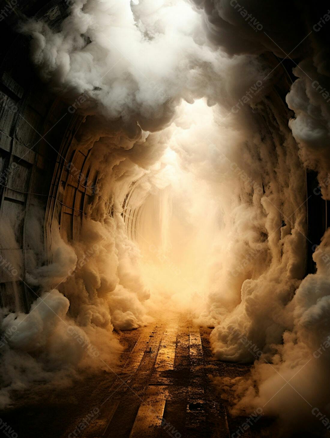Túnel misterioso com fumaça dourada