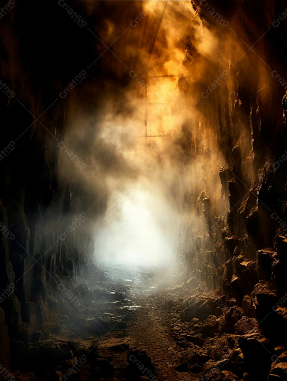 Túnel misterioso com névoa e luz ao fundo
