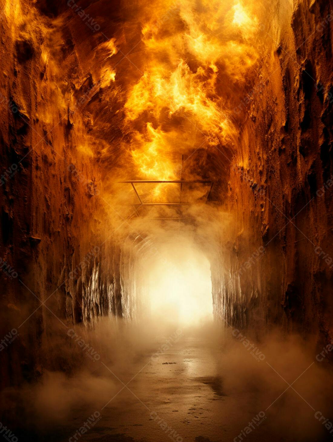 Túnel de fogo infernal com névoa