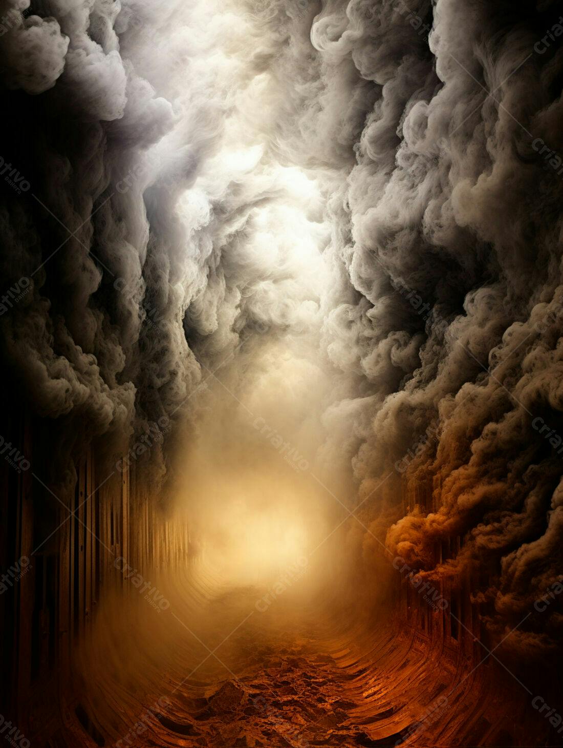 Caminho nebuloso entre nuvens escuras e luz