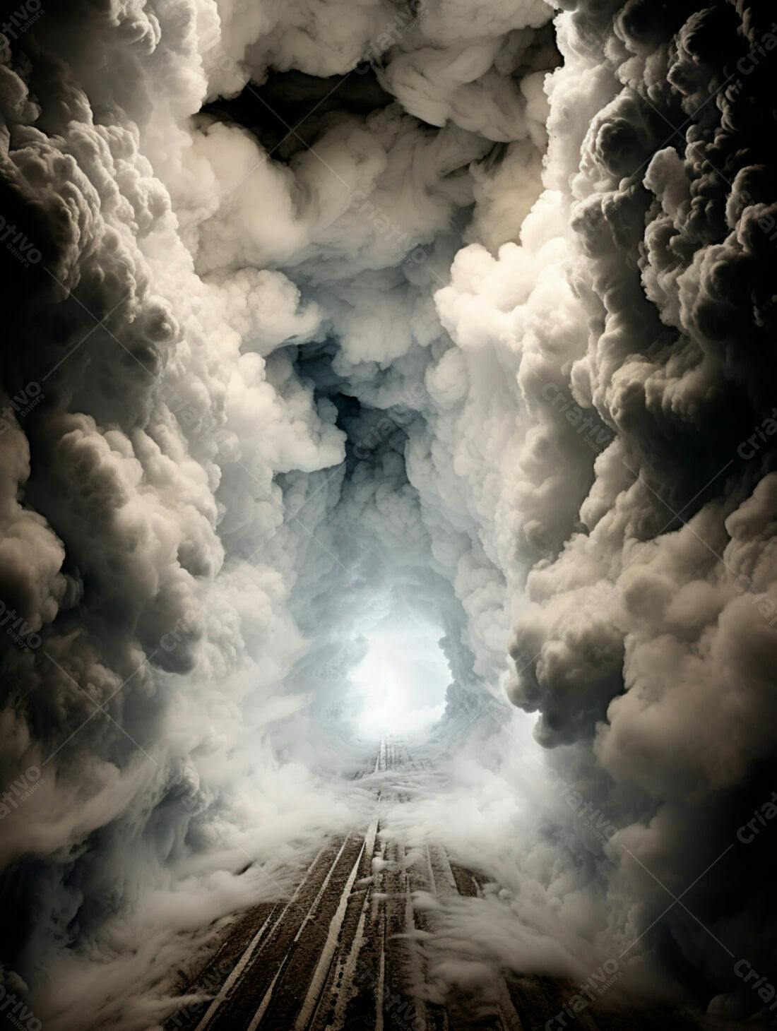 Caminho nebuloso entre nuvens escuras