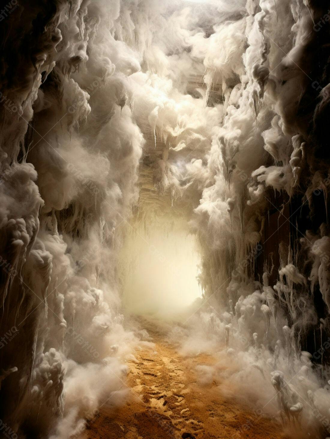 Túnel misterioso com névoa branca e solo marrom