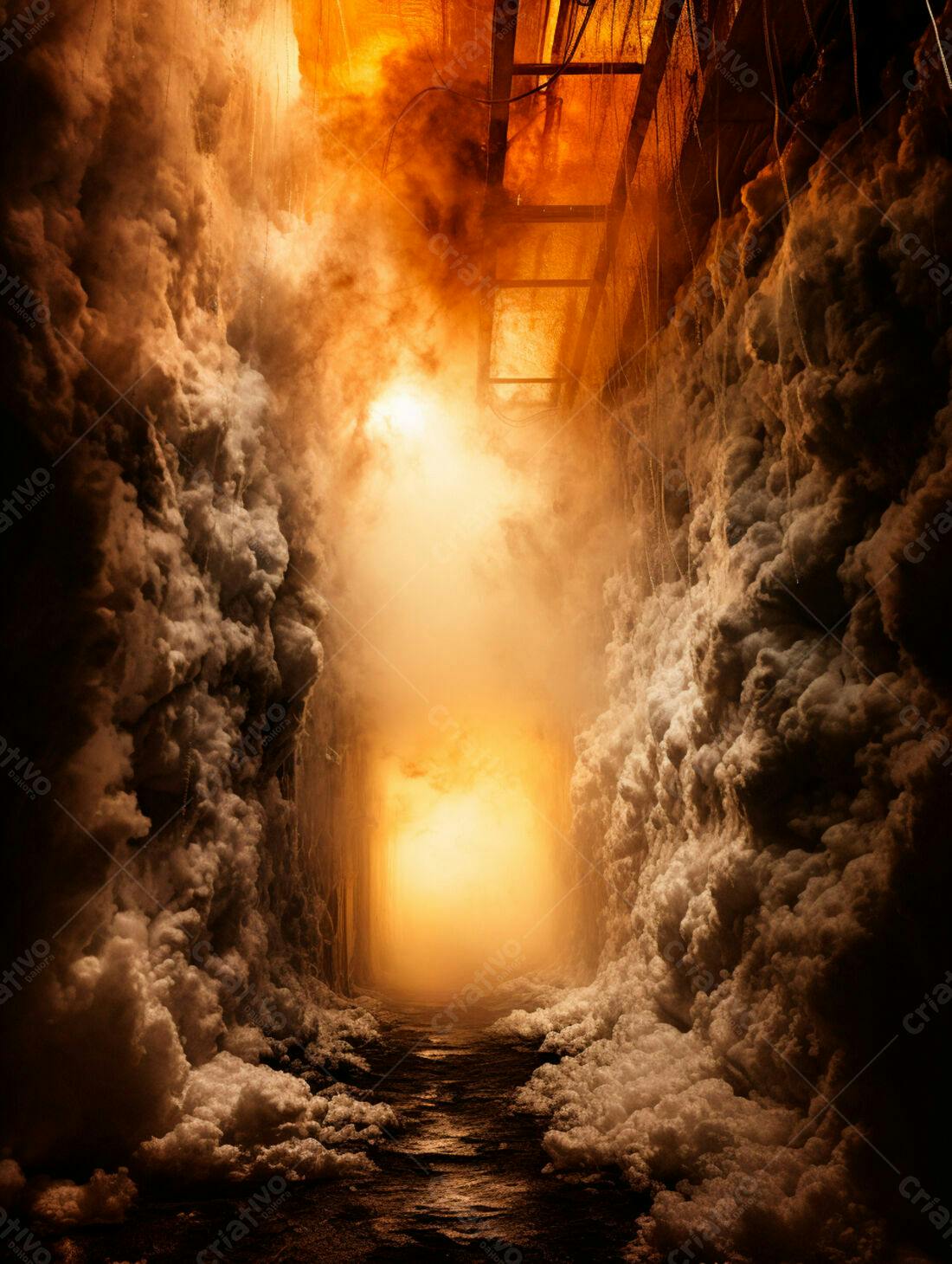 Corredor nebuloso com tons laranja e marrom