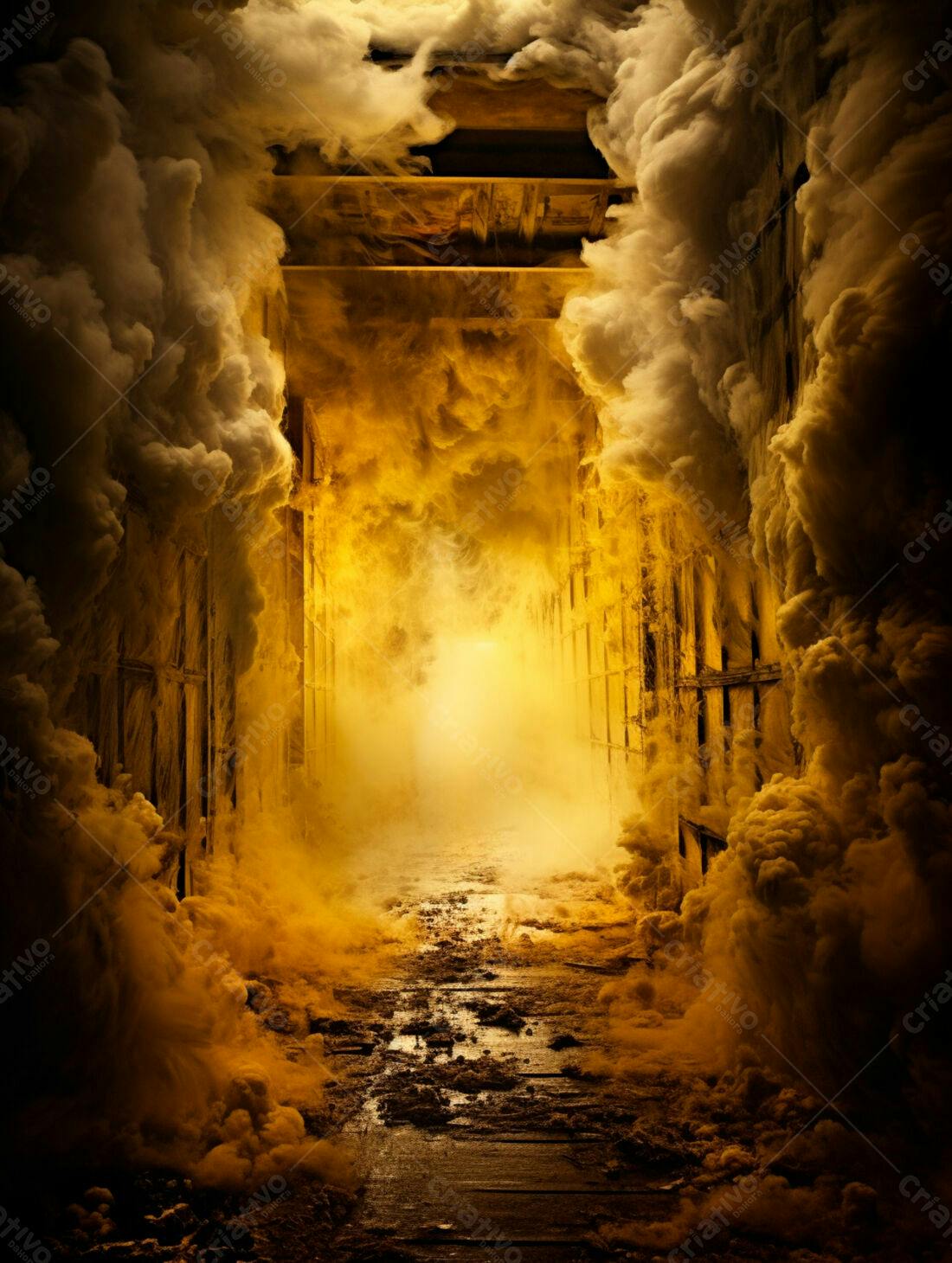 Corredor misterioso em tons de amarelo e dourado