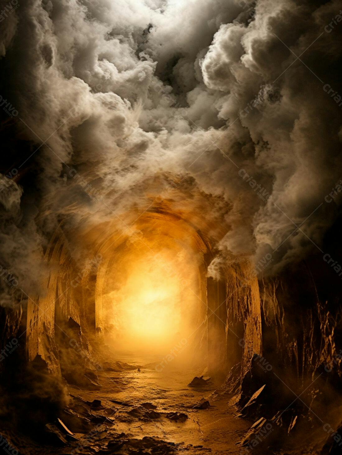 Túnel misterioso com luz dourada e nuvens escuras