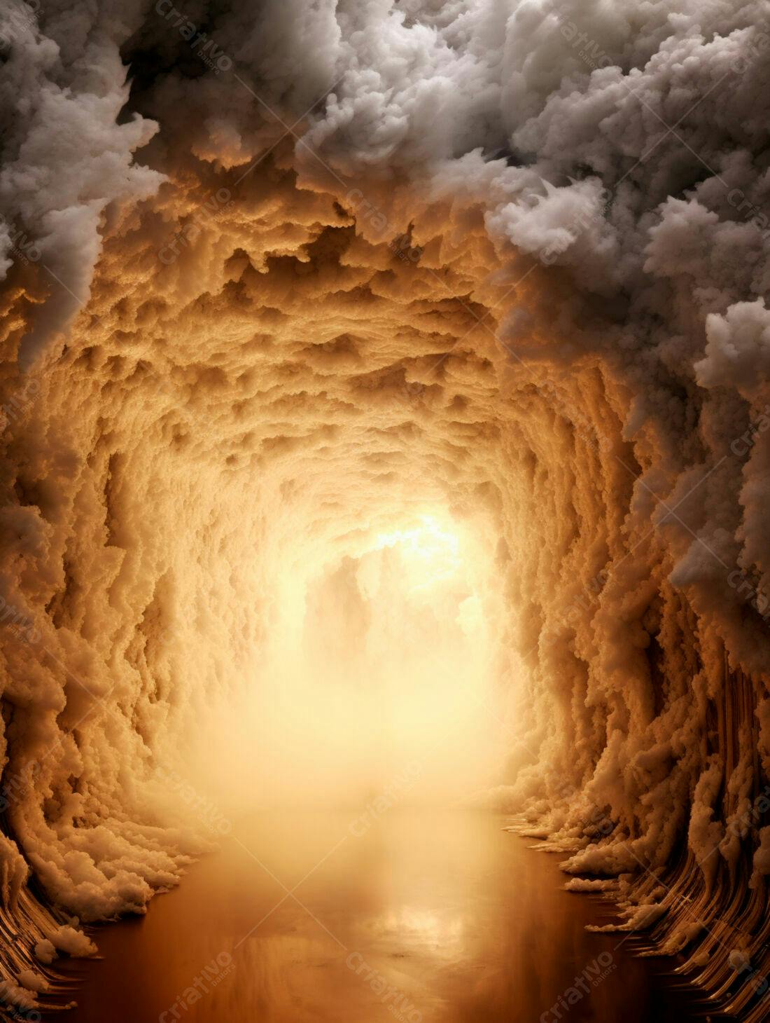 Túnel de nuvens douradas e cinzas