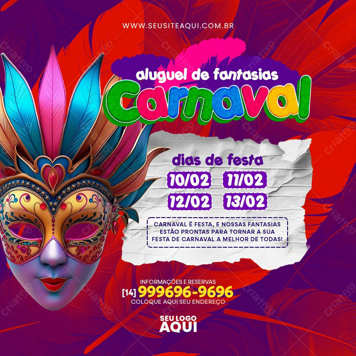 Flyer Carnaval Aluguel de Fantasias PSD Editável