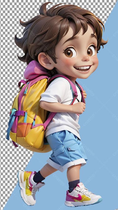 Volta às aulas 3d , menino feliz, mochila colorida, férias, viagem, disney, pixar, png