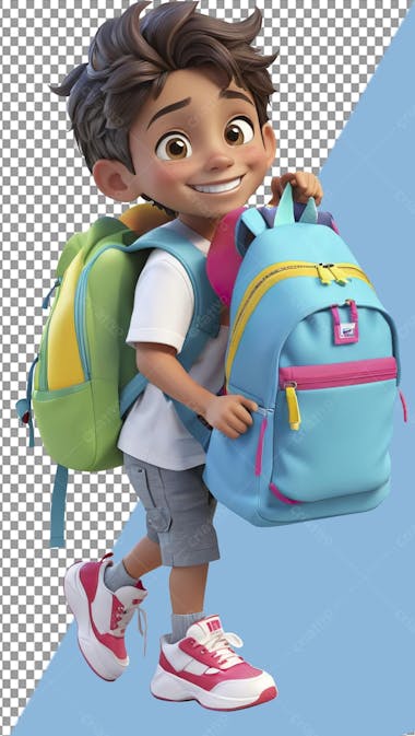 Volta às aulas 3d , menino feliz, mochilas, viagem, férias, disney, pixar, png