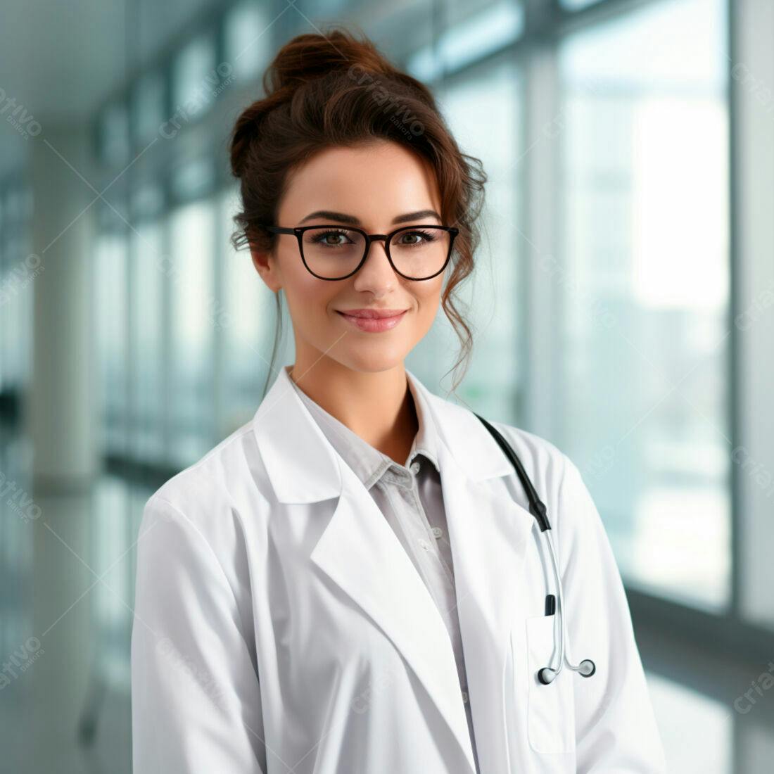 Médica sorridente com jaleco branco em hospital
