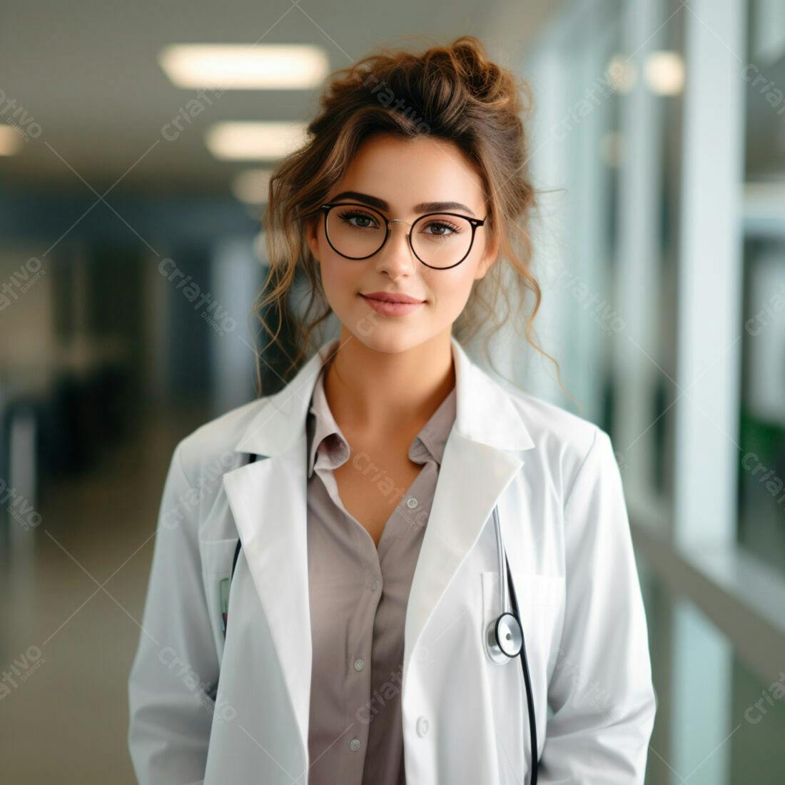 Médica sorridente em corredor de hospital