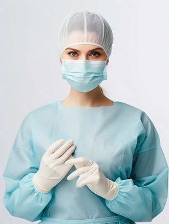 Médica em traje cirúrgico completo, com máscara e luvas, postura confiante, fundo branco