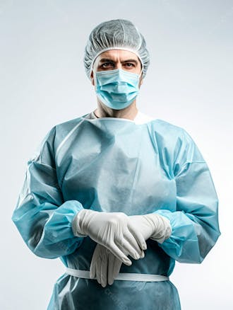 Médico em traje cirúrgico completo, com máscara e luvas, postura confiante, fundo branco 1