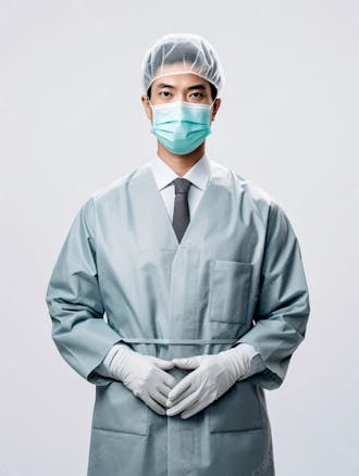 Médico em traje cirúrgico completo, com máscara e luvas, postura confiante, fundo branco 3