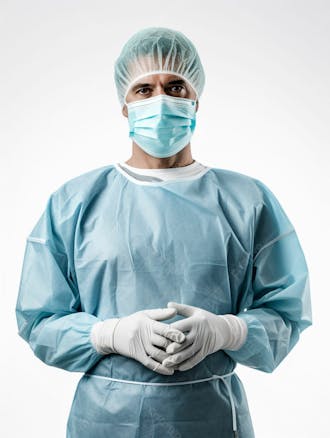 Médico em traje cirúrgico completo, com máscara e luvas, postura confiante, fundo branco 4