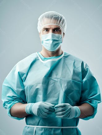 Médico em traje cirúrgico completo, com máscara e luvas, postura confiante, fundo branco 6
