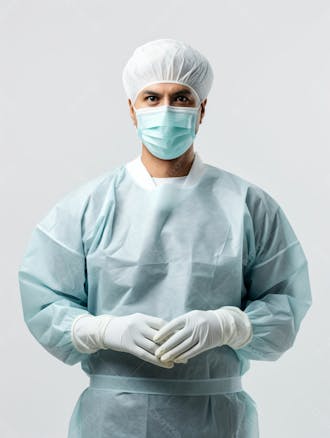 Médico em traje cirúrgico completo, com máscara e luvas, postura confiante, fundo branco 8