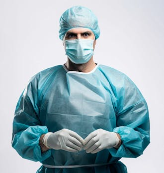 Médico em traje cirúrgico completo, com máscara e luvas, postura confiante, fundo branco 12